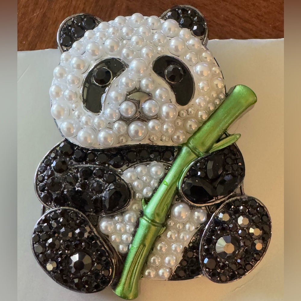 Panda Brooch with Pearls, Faux, Black Crystals, Green Bamboo Crystals, Lapel Pin